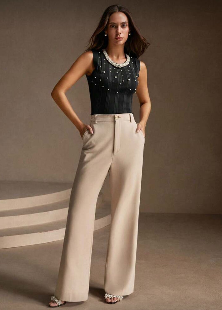 Ribbed Knit Sleeveless Faux Pearl Trim Top