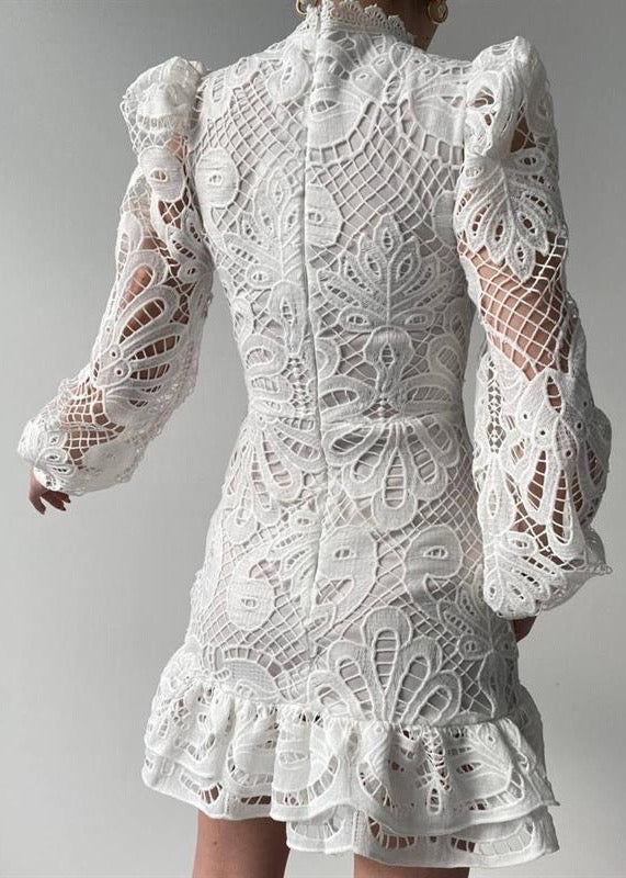 Lantern Sleeve Crochet Lace Ruffled Hem Mini Dress