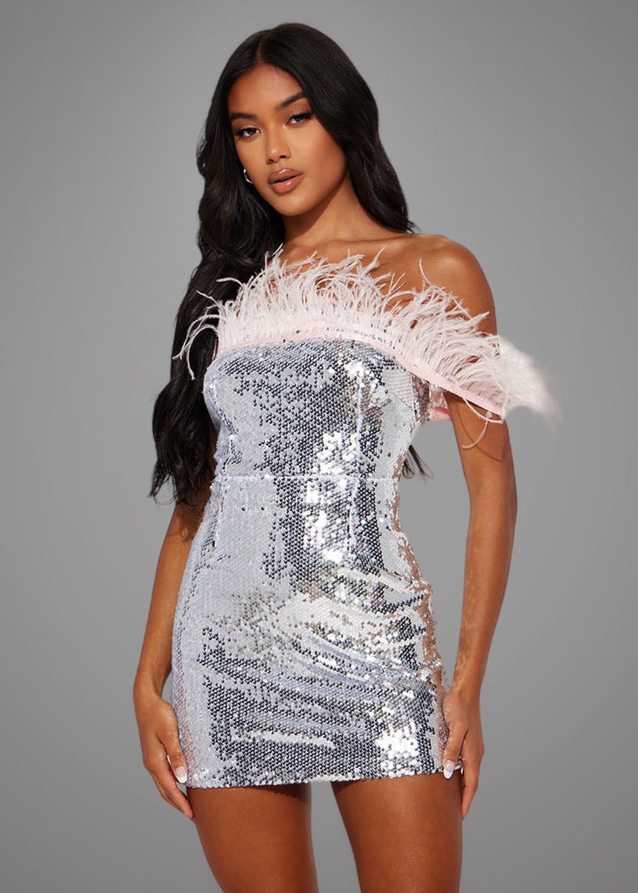 Off Shoulder Fuzzy Trim Sequined Mini Dress