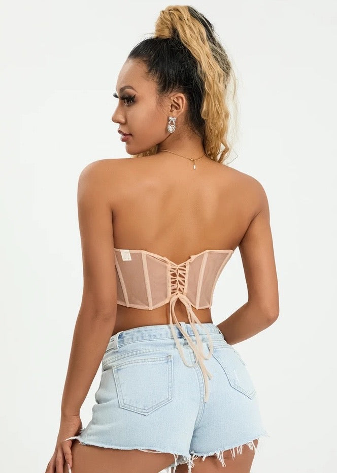 Shell Pattern Pleated Bust Sheer Mesh Bustier Top