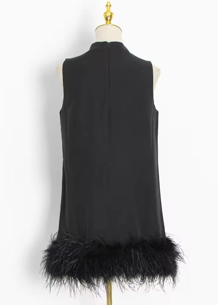 Stand Neck Fuzzy Trim Flared Mini Dress