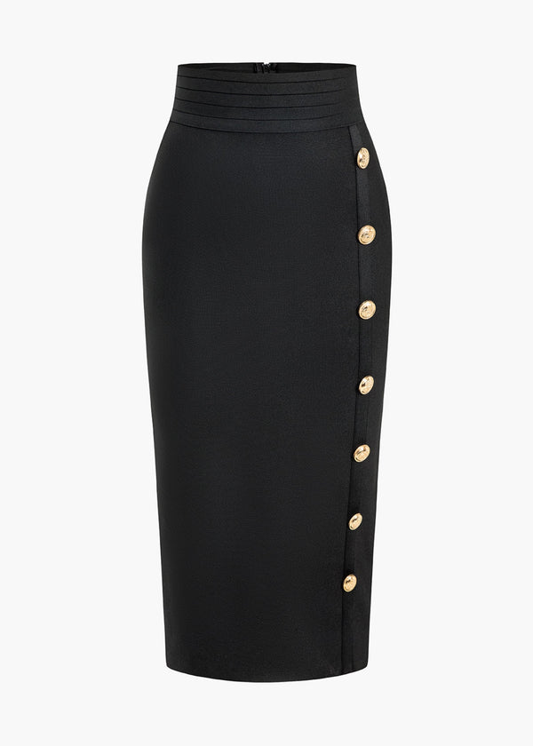 Button Decor Bandage Midi Skirt