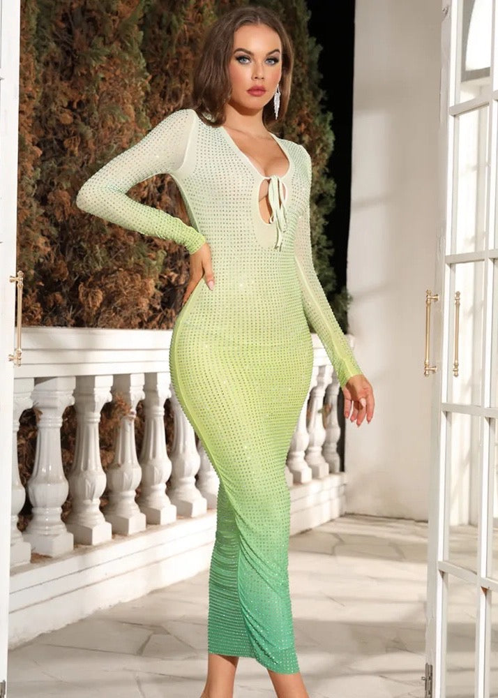 Rhinestone Gradient Tied Front Long Sleeved Bodycon Dress