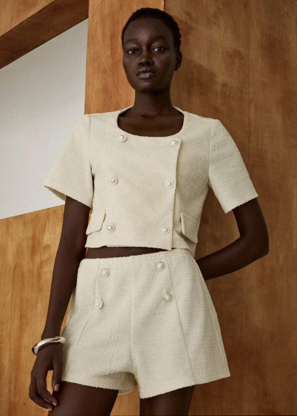 High Waist Tweed Pearl Button Shorts