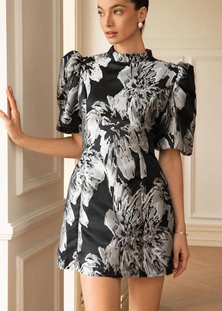Jacquard Puff Sleeve Mock Neck Dres