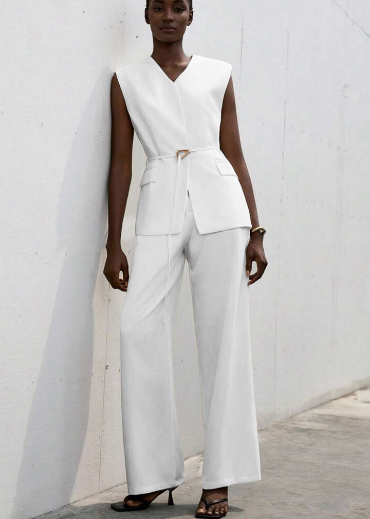 Sleeveless V-Neck Pocket Belted Vest