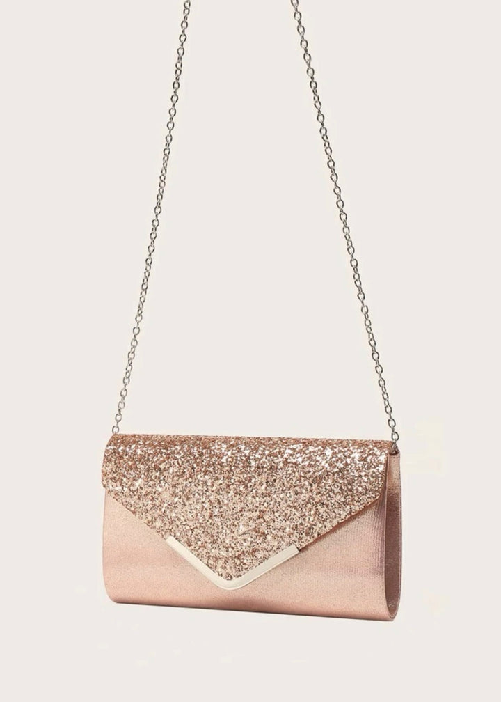 Glitter Panel Metallic Flap Evening Clutch Bag