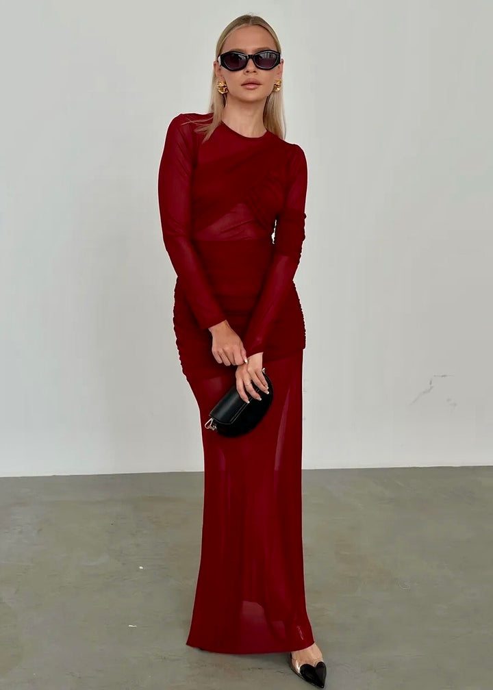 Long Sleeve Ruched Mesh Maxi Dress