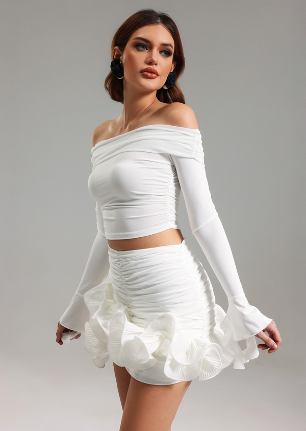 Ruched Mini Skirt with Ruffles