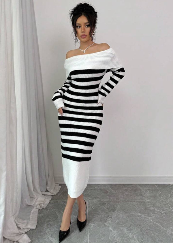 Off-Shoulder Striped Knit Dress