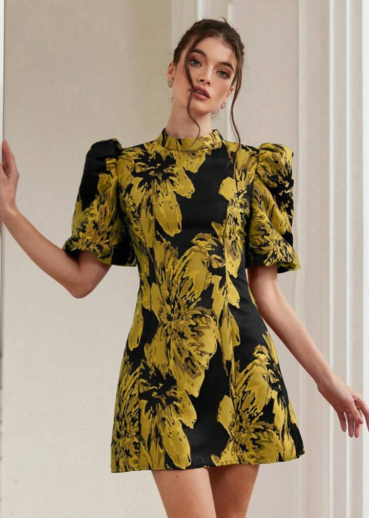 Jacquard Puff Sleeve Mock Neck Dres