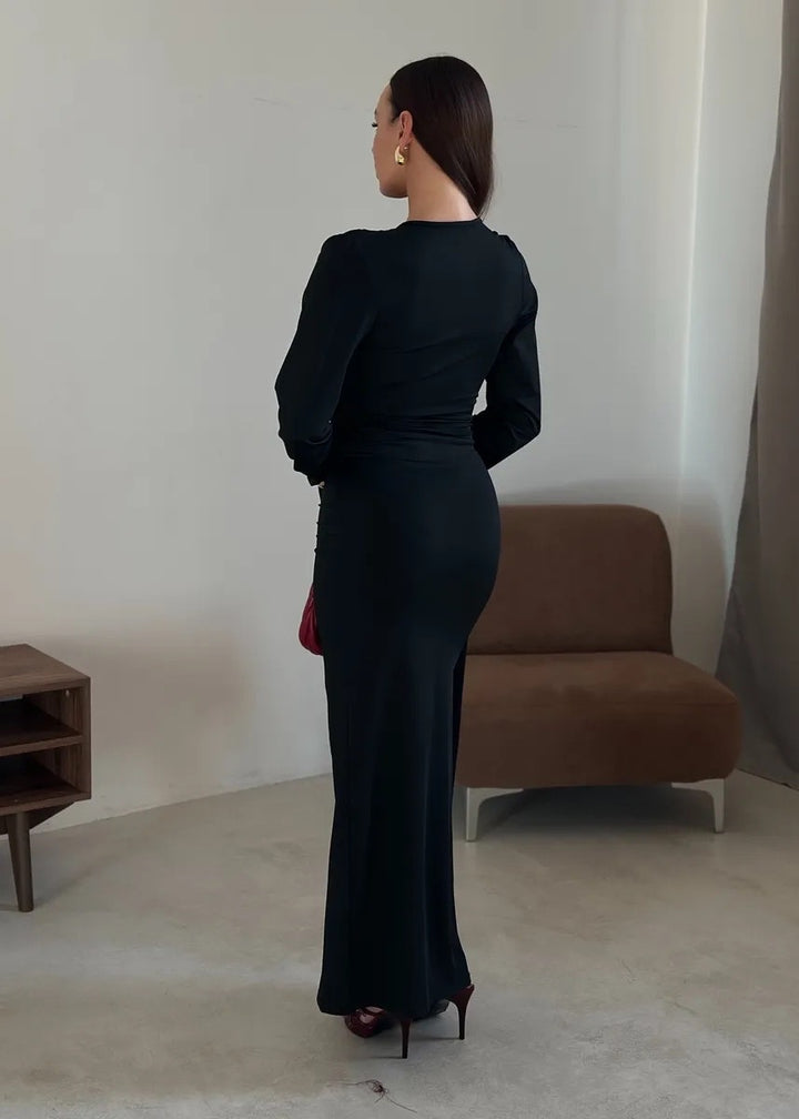 Deep V-Neck Long Sleeve Maxi Dress