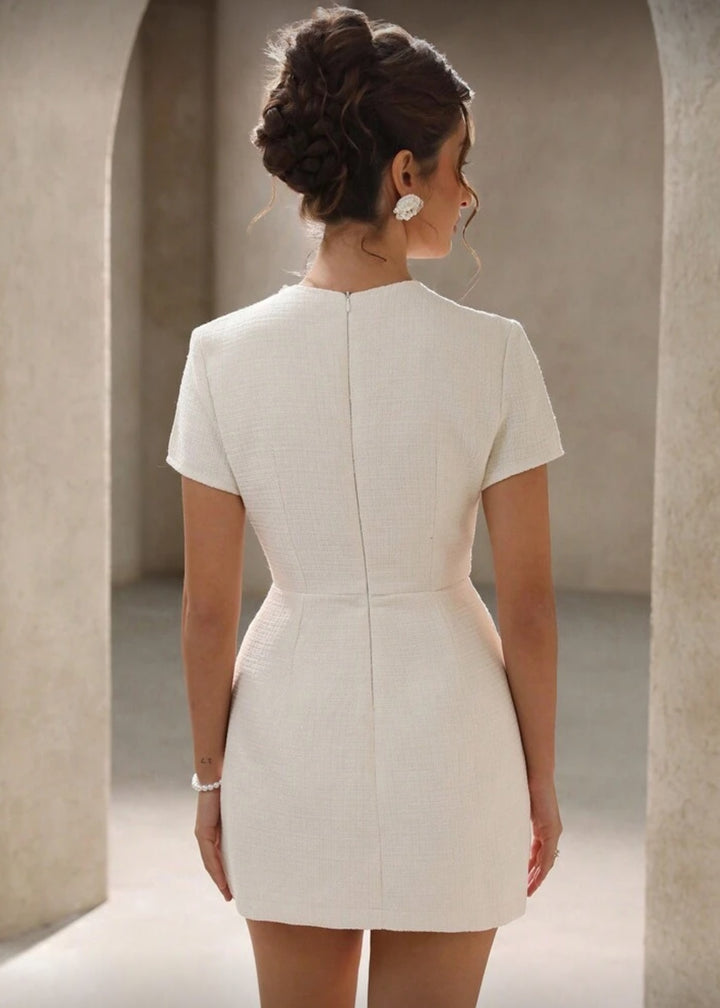 Tweed Pearl Trim Short Sleeve Mini Dress