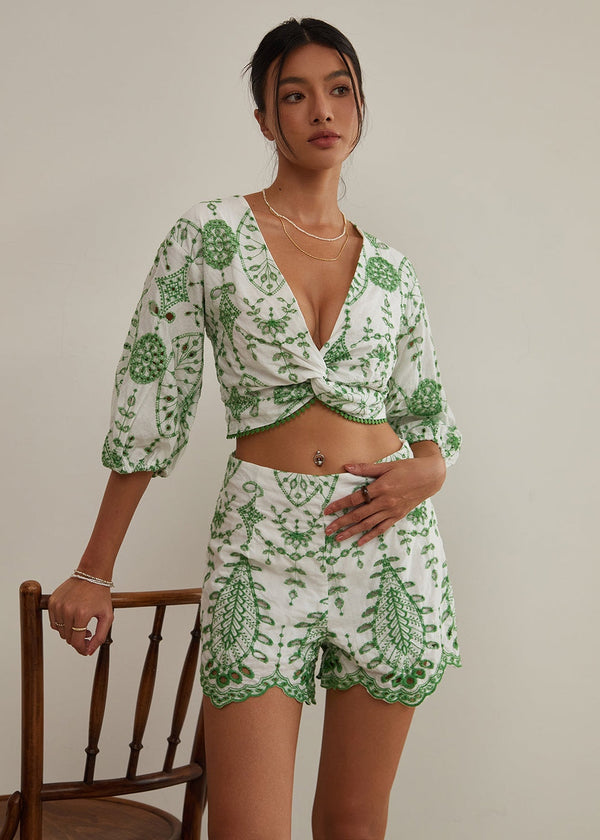 Twist Front Crop Top Scalloped Shorts Set