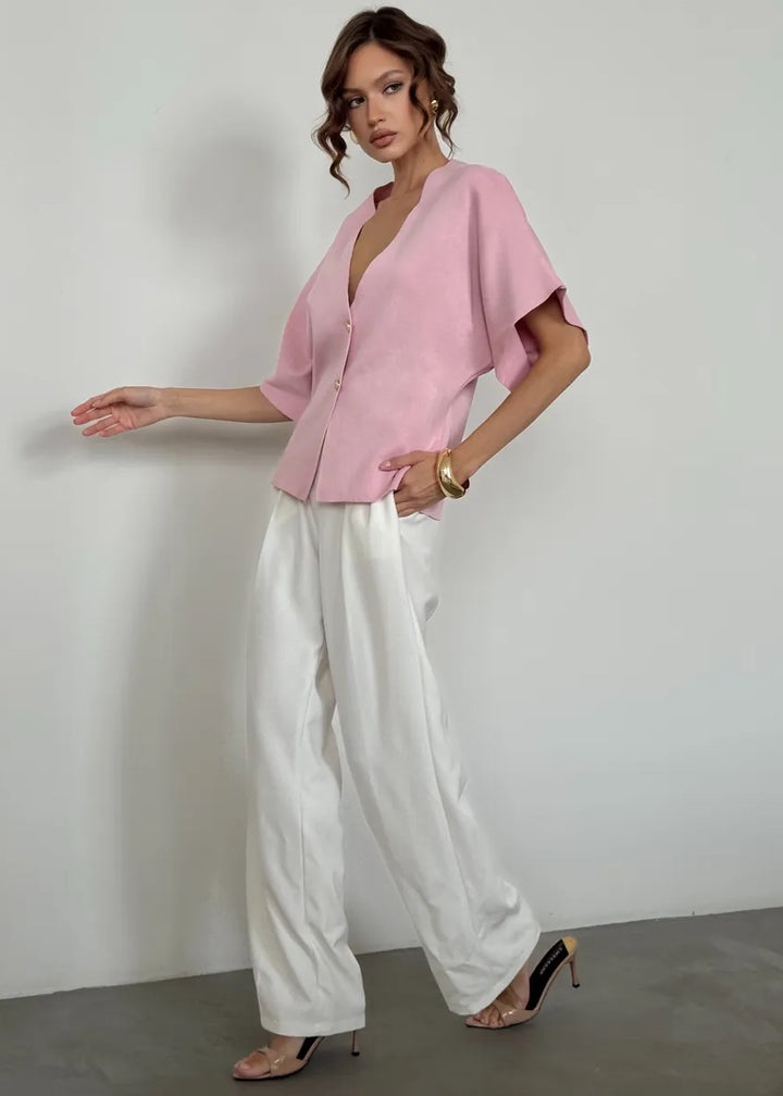 Button-Front V-Neck Loose-Fitting Top
