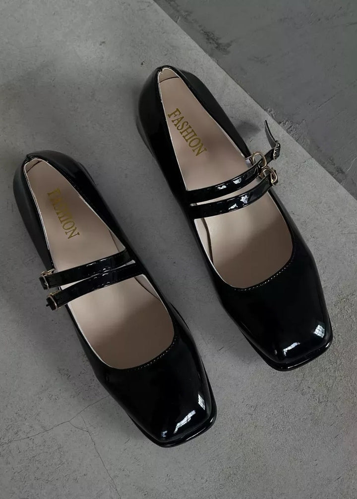 Patent Leather Square Toe Low Heel Shoes