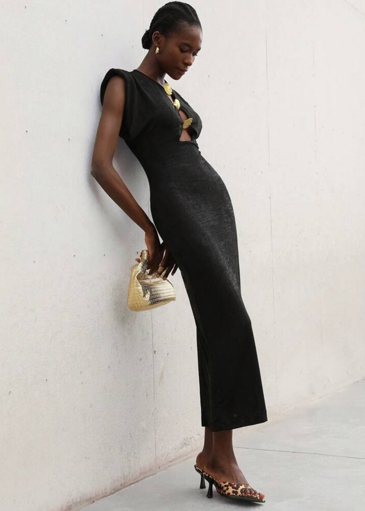 Seashell Button Maxi Shoulder Pad Dress