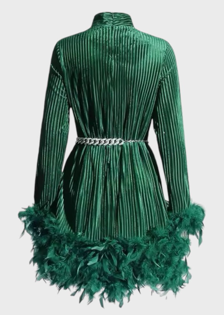 Mashika Feather Trim Mock Neck Velvet Dress