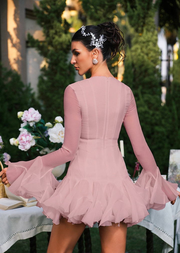 Sheer Sleeve Button Detail Ruffle Mini Dress