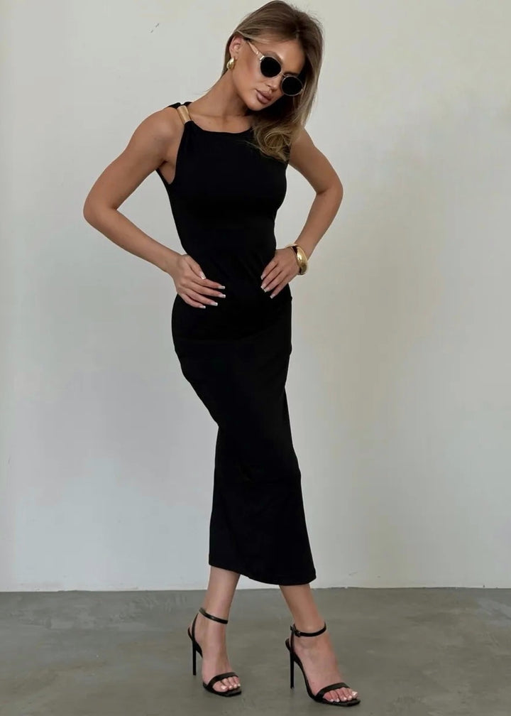 Draped Midi Dress with Gold Accent