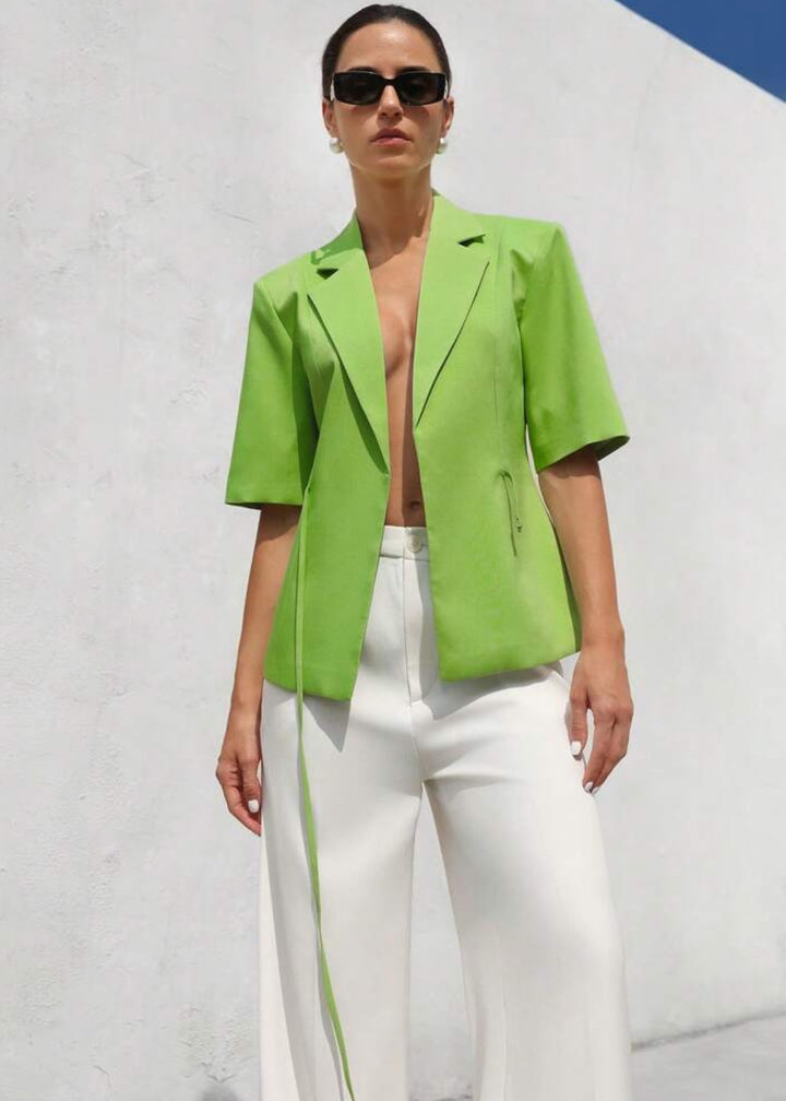 Lapel Neck Short Sleeve Tie Blazer