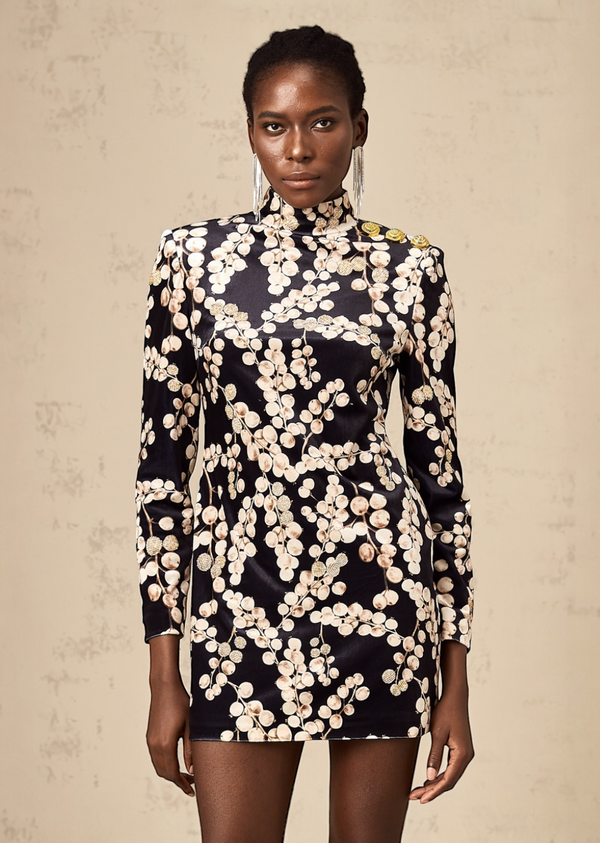 Floral Print Mock Neck Shoulder Buttons Mini Dress