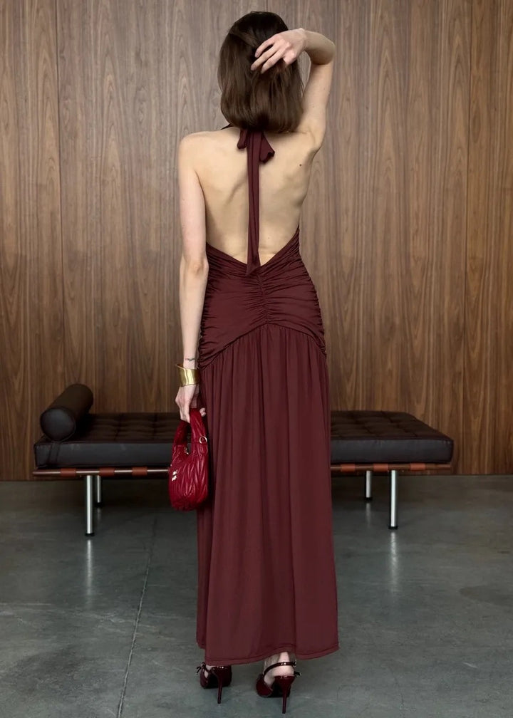 V-Neck Halter Backless Ruched Maxi Dress