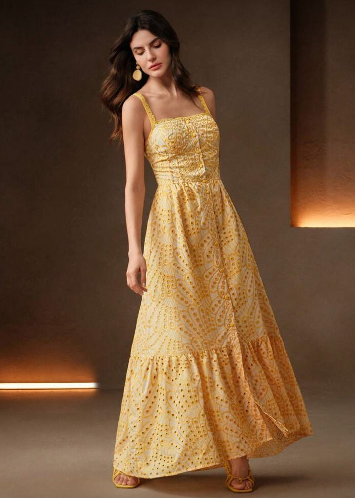 Eyelet Embroidery Button Front Maxi Dress