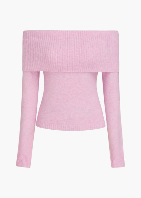 Off-Shoulder Knitted Long Sleeve Top in Pink