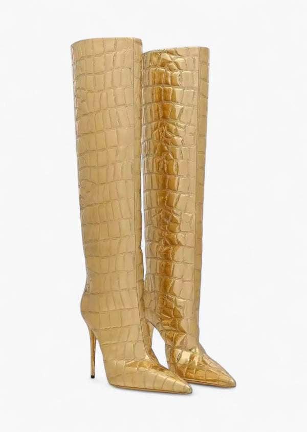 Snakeskin Pattern Pointed Toe Knee-Length Boots