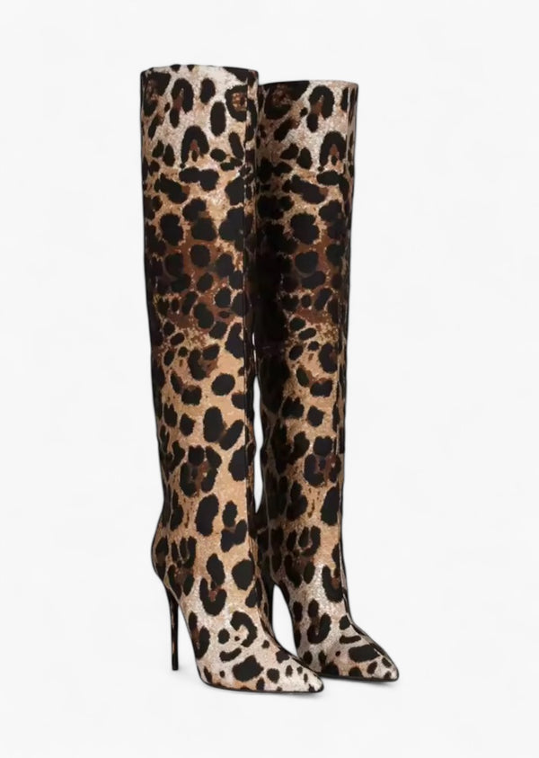 Leopard Pattern Pointed Toe Knee-Length Boots