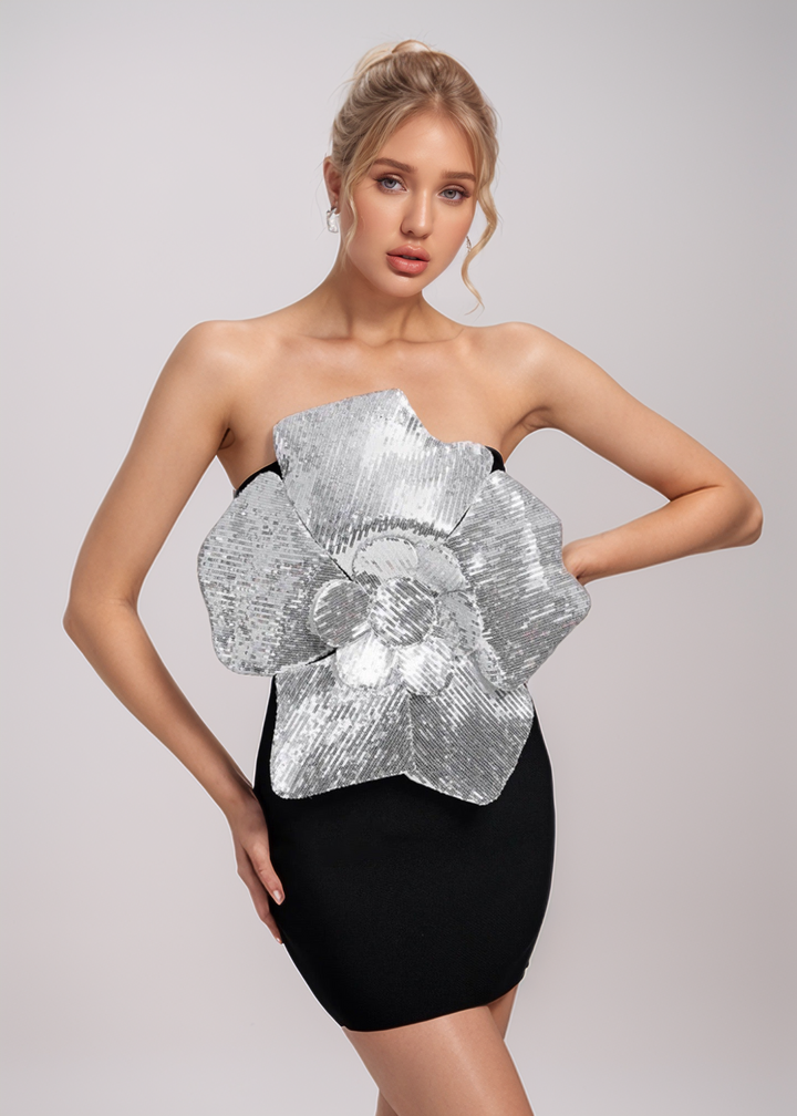 Karla Sequined 3D Flower Decor Tube Mini Dress