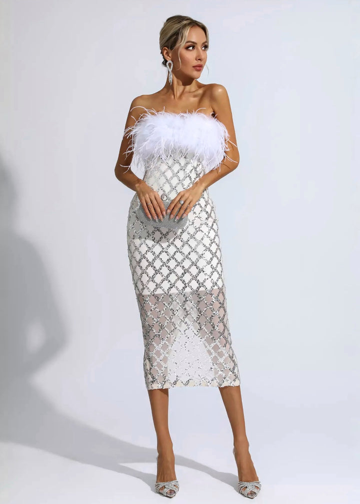 Strapless Feather Trim Sequined Bodycon Tube Dress