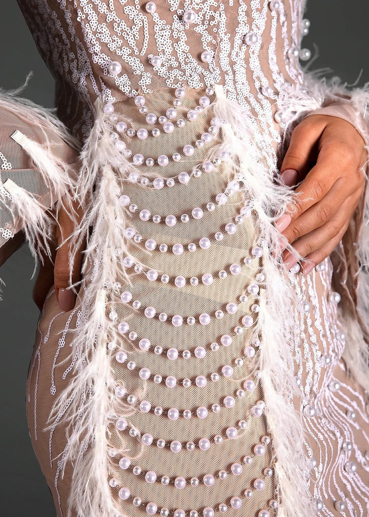 Feather & Pearl Decor Mock Neck Long Sleeved Mini Dress