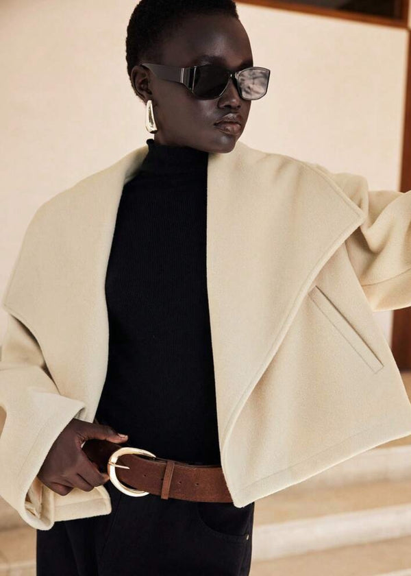 Wide Collar Cropped Length Open Front Jacket