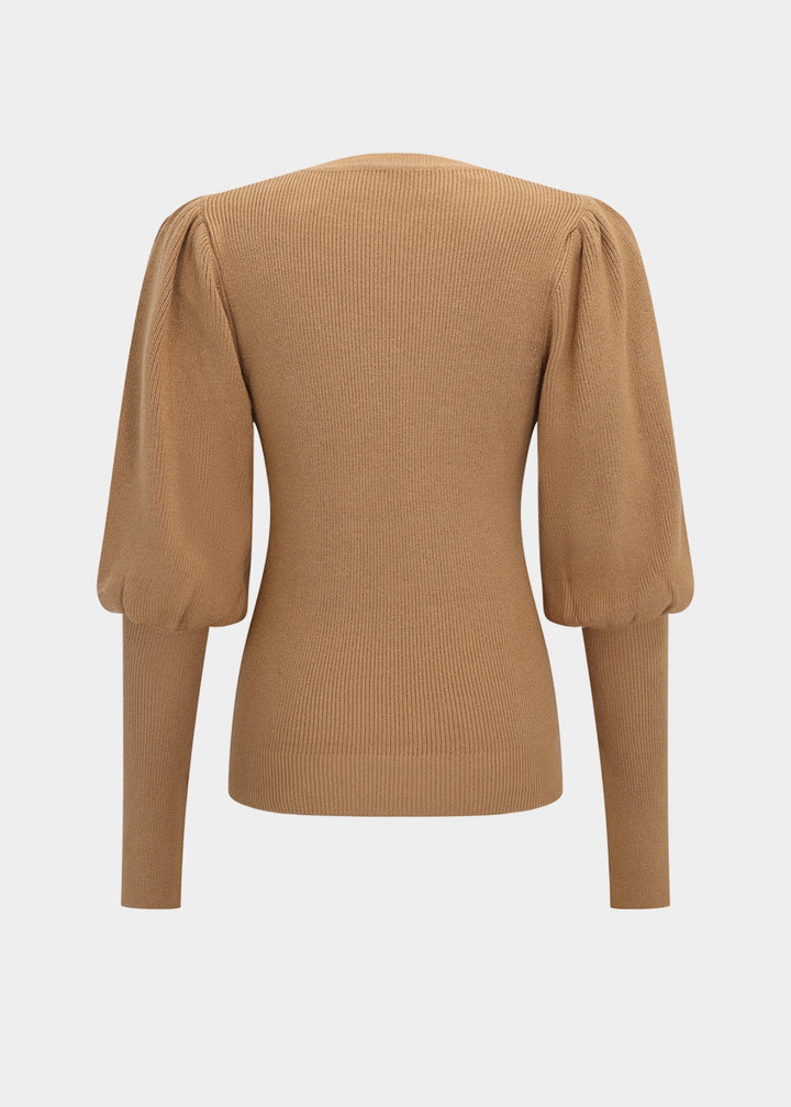 Gigot Sleeve Gold Buttons Decor Knit Top