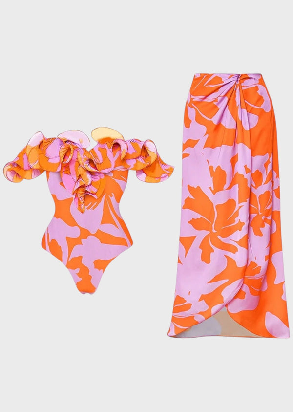 Off Shoulder Ruffle Printed Swimsuit & Wrap Skirt