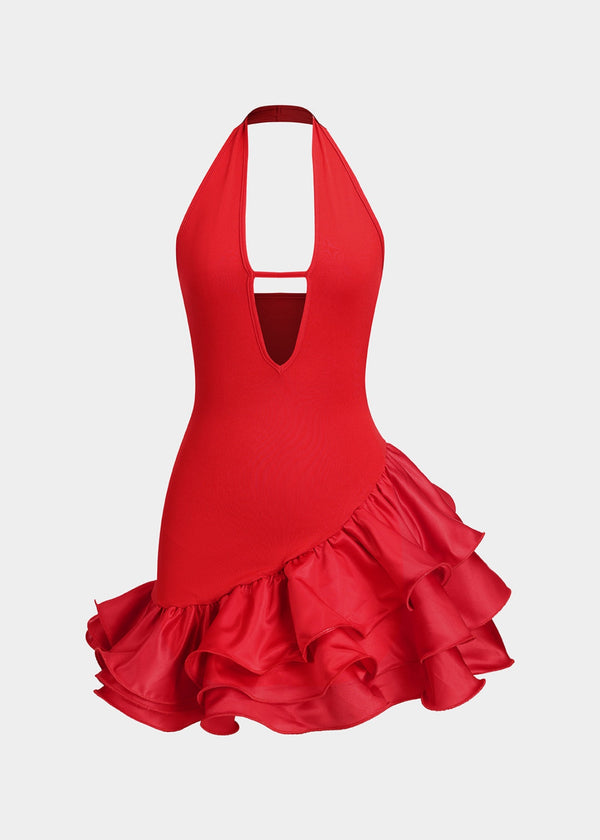 Ruffle Hem Backless Halter Mini Dress