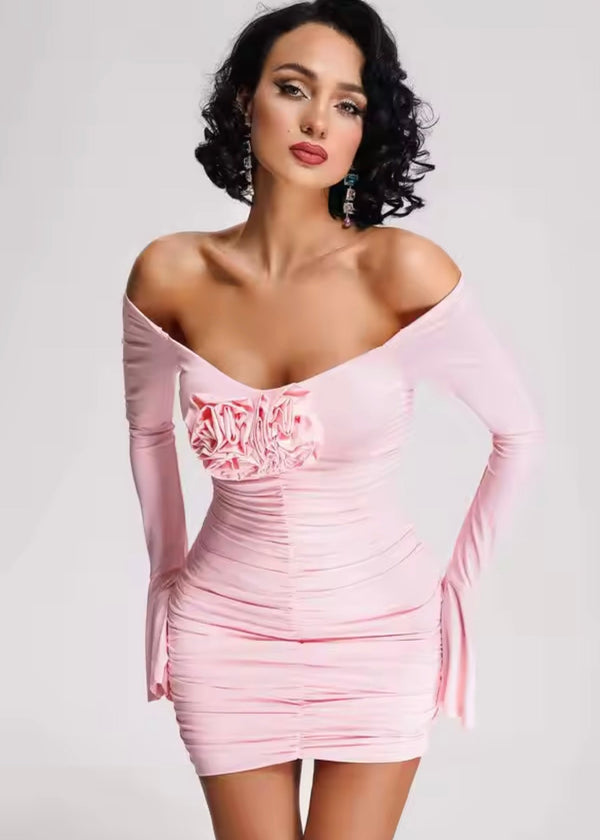 Ruched Floral Off Shoulder Mini Dress