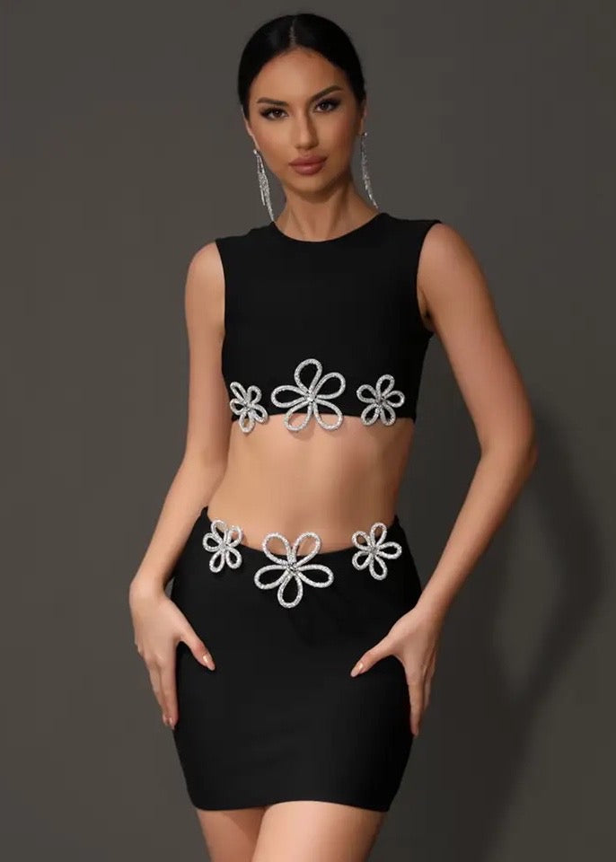 Rhinestone Flower Decor Crop Top & Mini Skirt