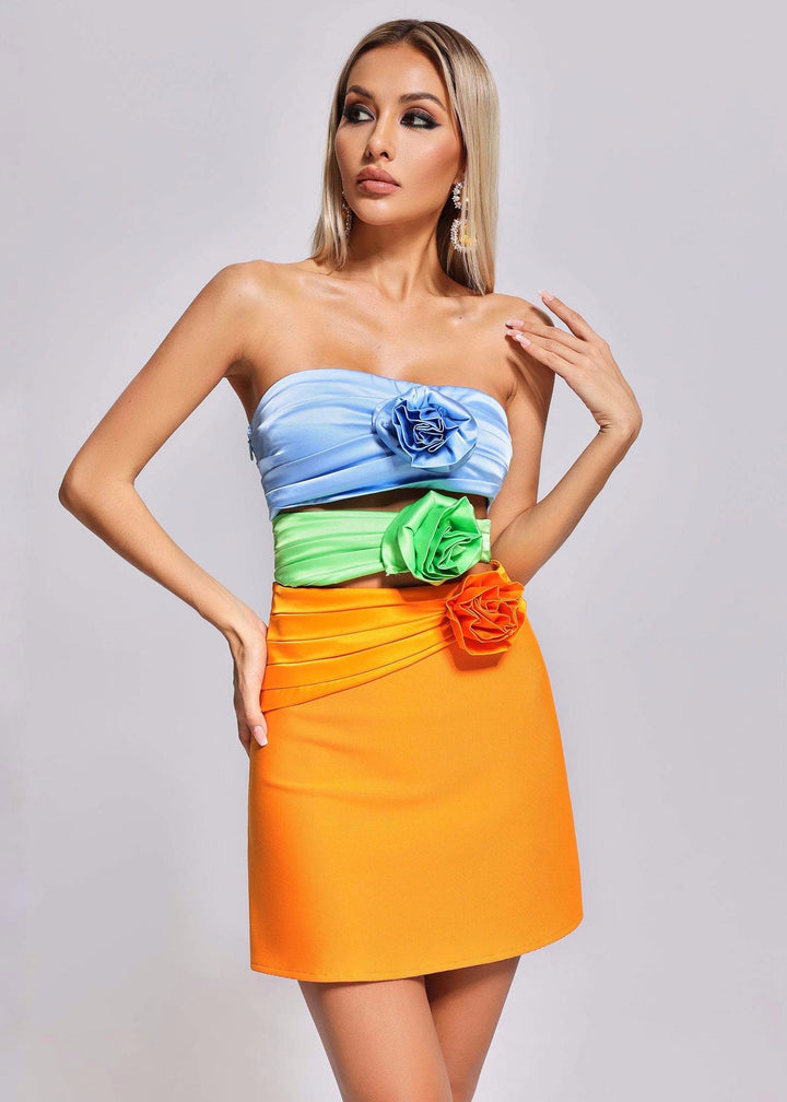 Multicolor Strapless 3D Flower Decor Satin Mini Dress