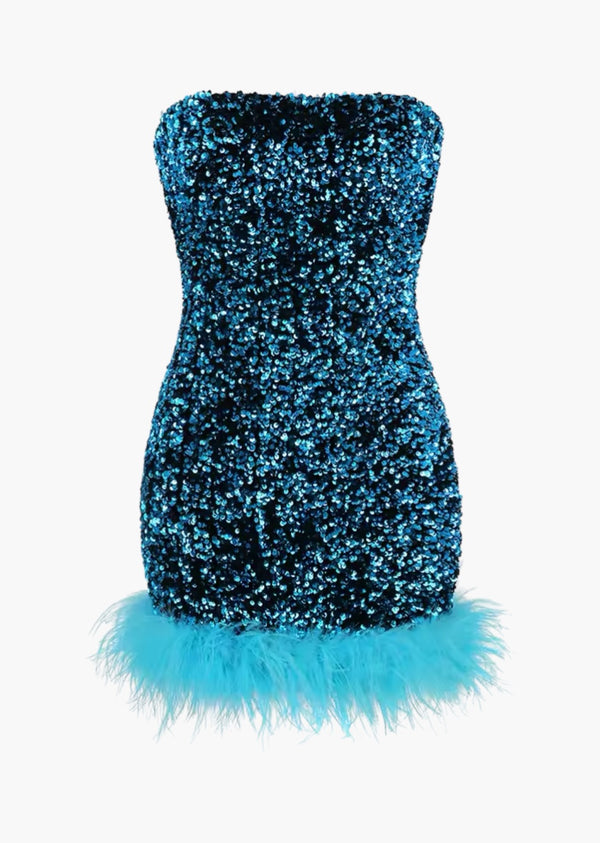 Fuzzy Trim Sequined Tube Mini Dress