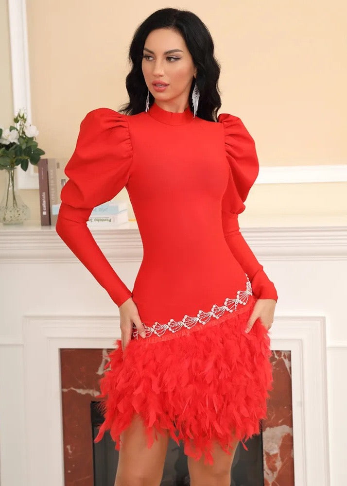 Feather Trim Puff Sleeve Mini Bandage Dress