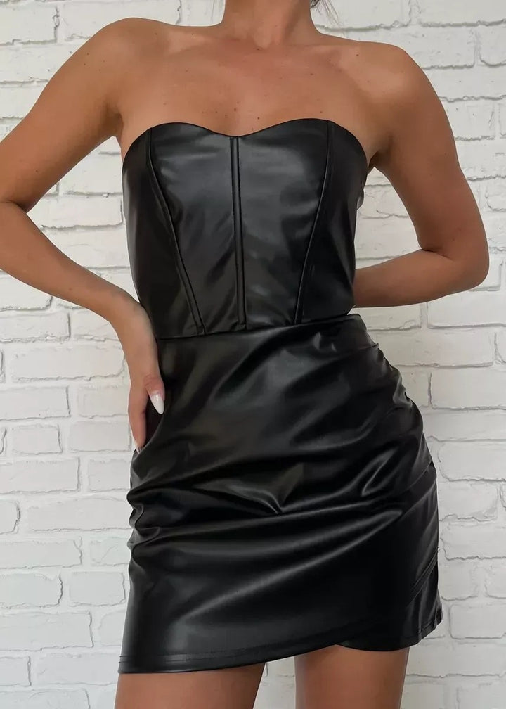 Eco-Leather Ruched Strapless Mini Dress