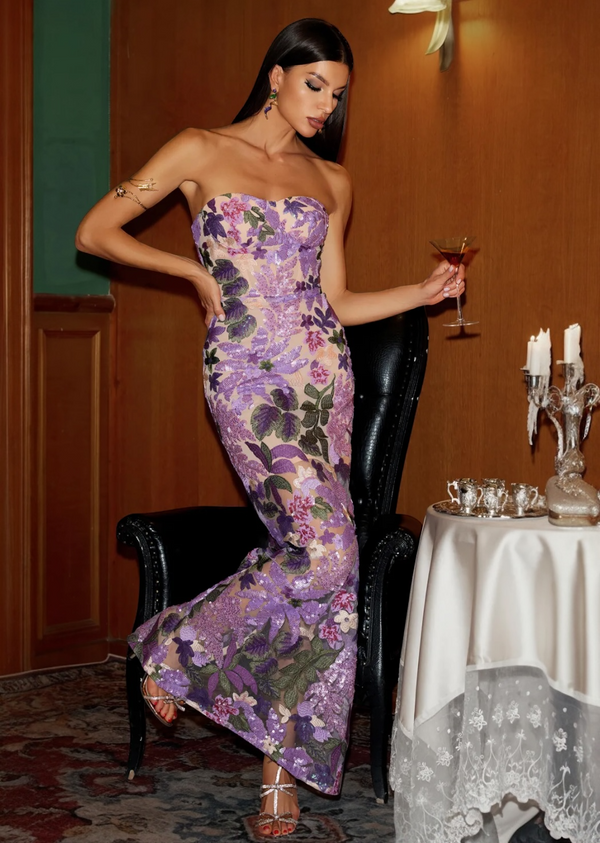 Embroidered Flower Strapless Gown