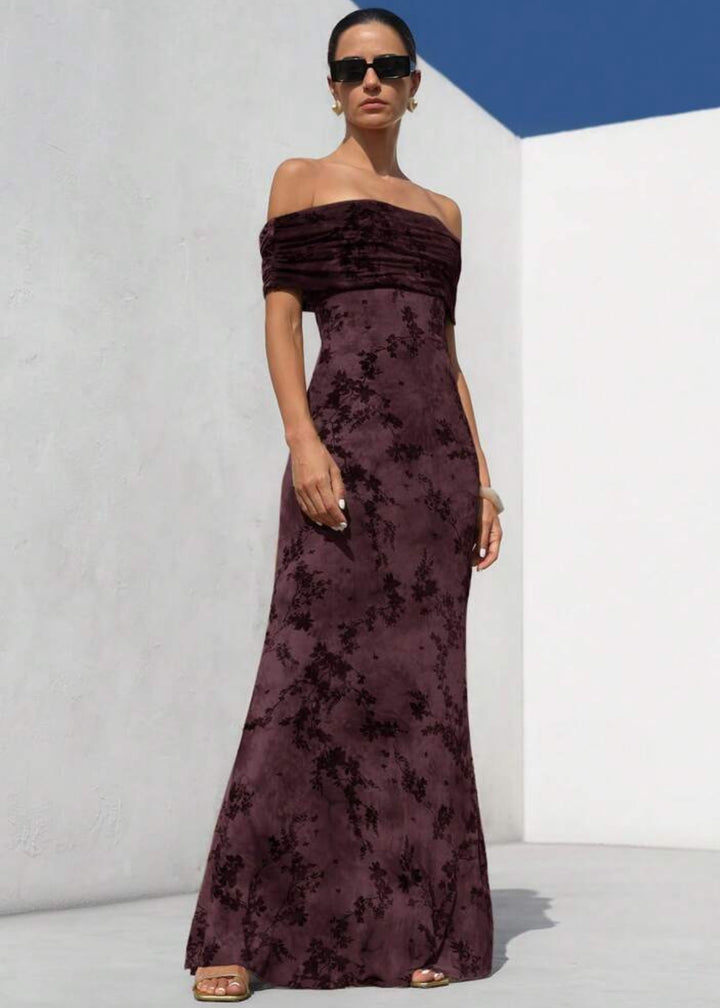 Floral Print Ruched Off-Shoulder Gown