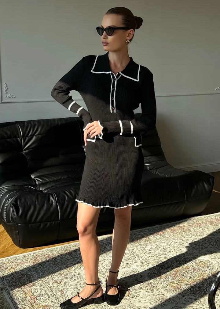 Contrast Edge Long Sleeve Knitted Dress