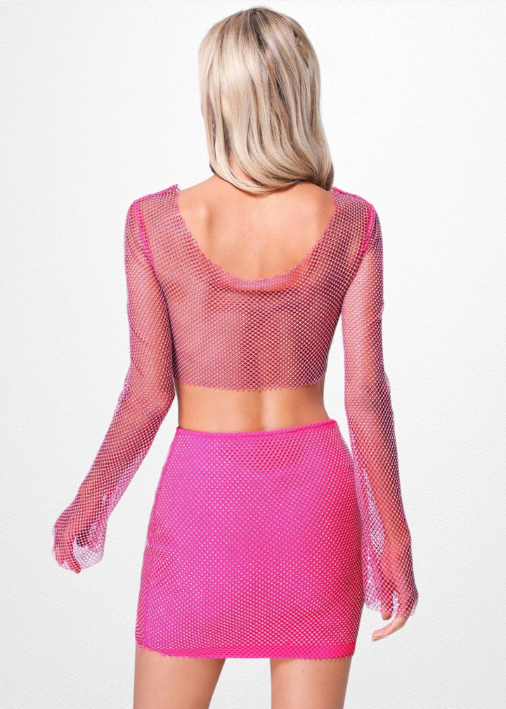 Long Sleeved Fishnet Crop Top & Mini Skirt