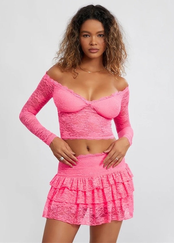 Off-Shoulder Crop Top & Pleated Layered Mini Skirt