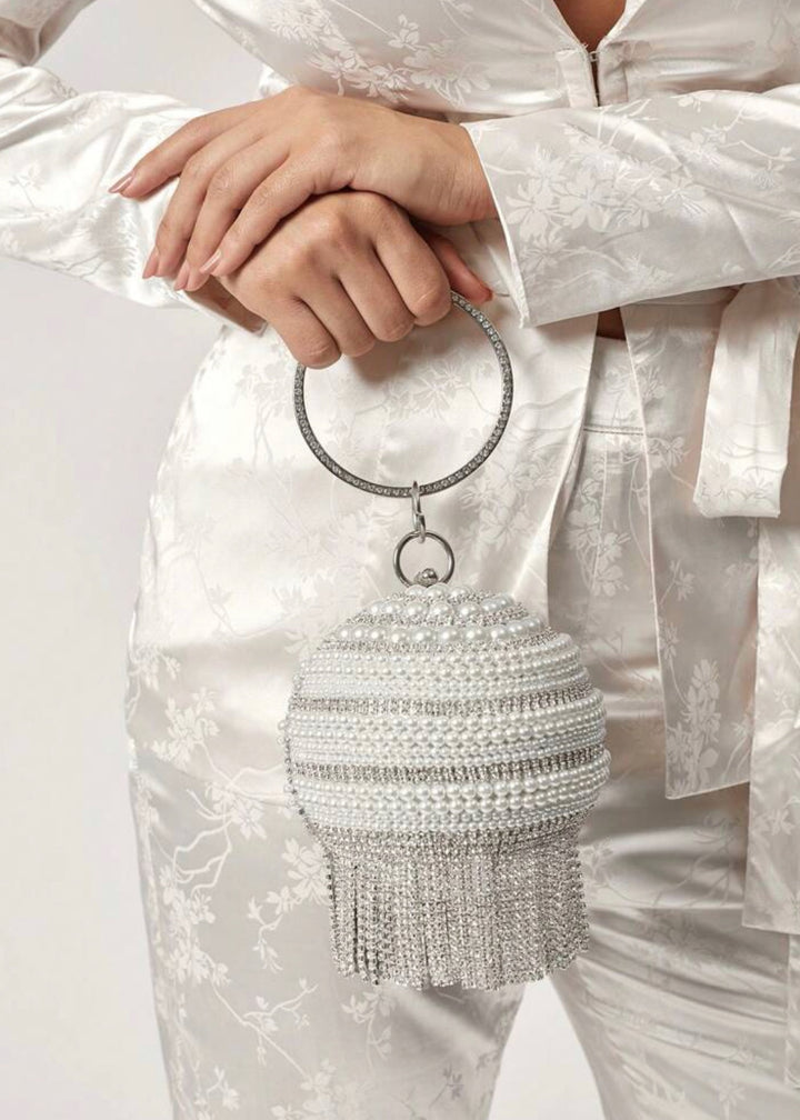Mini Rhinestone & Pearl Fringe Detail Ball Evening Bag